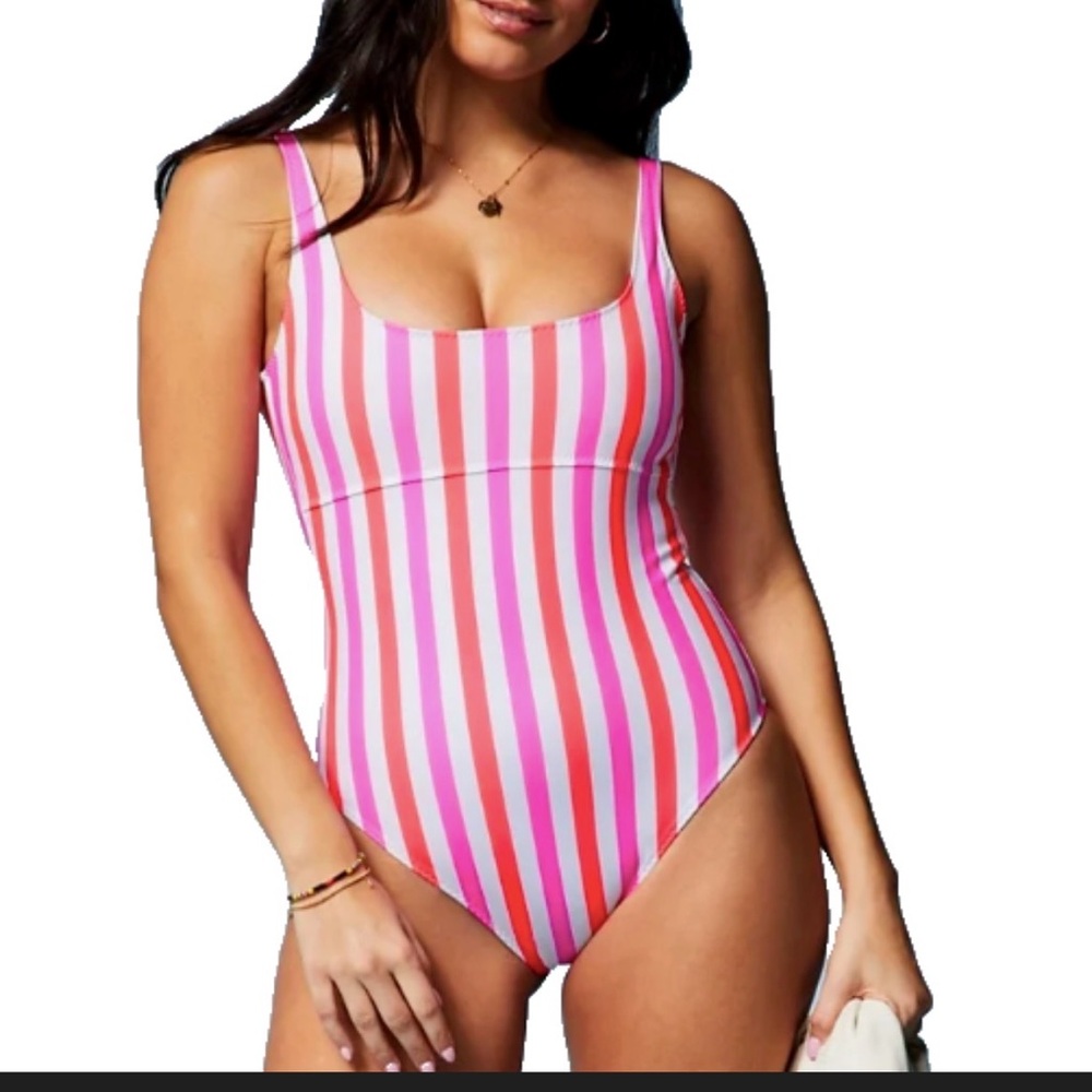 FABLETICS Sunset Scoop One-Piece Swimsuit Size Medium Neon Candy Stripe